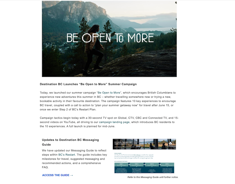 Example of Destination BC Newsletter