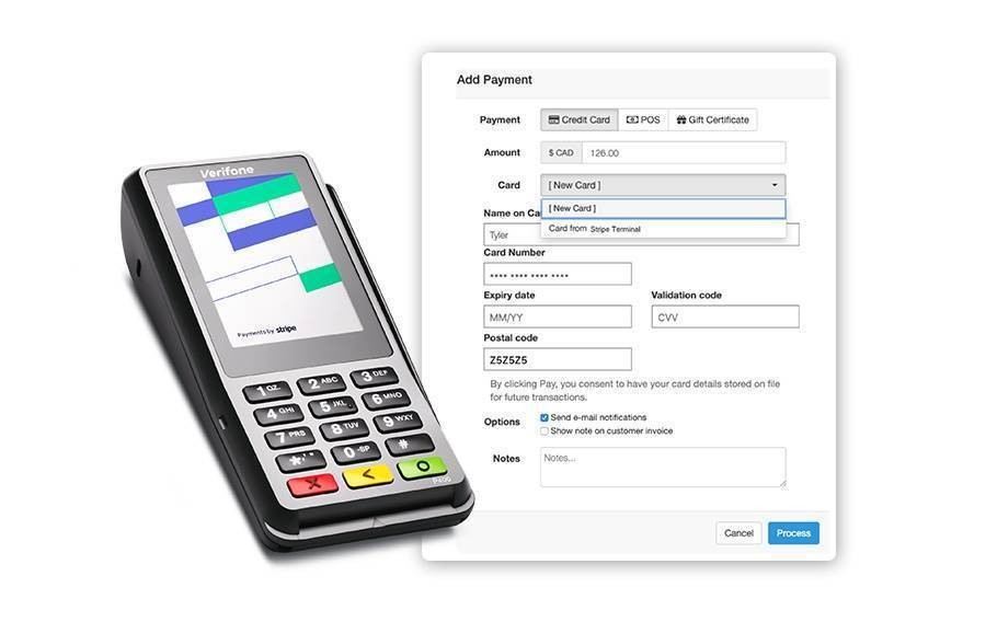 Stripe Terminal next to Add payment screen in Checkfront booking process