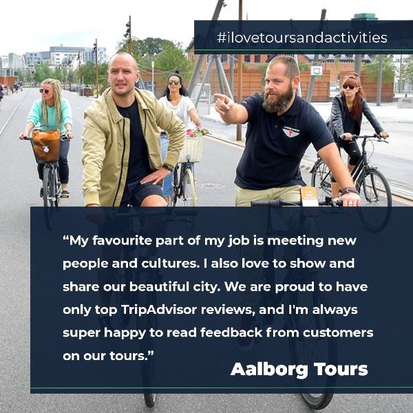 Group of people on bikes and man pointing with quote