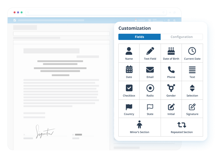 Image showing a digital waiver template with a side bar with customizable options to add.