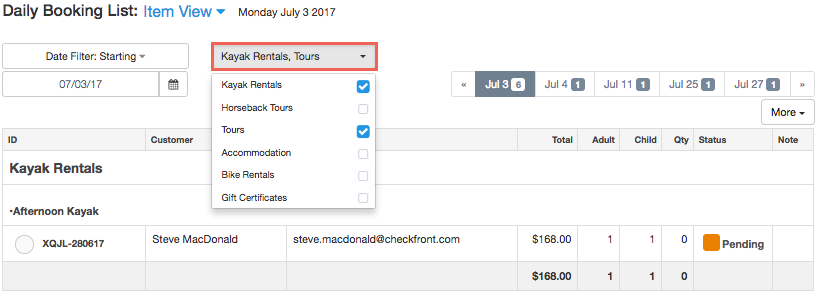 Daily booking list for kayak rents, tours in Checkfront