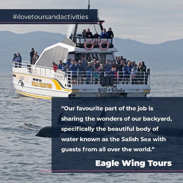 Whale watching tour boat holding passengers with quote