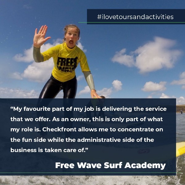 Surfer waving at camera with quote