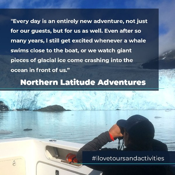 Person taking photo of glacier with quote