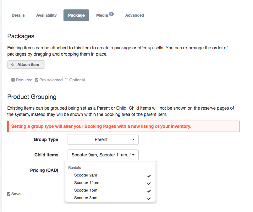 Product Grouping setup in Checkfront packages page