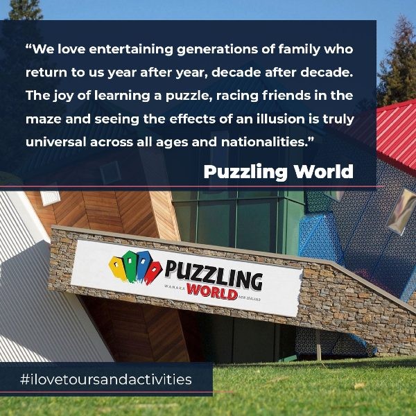 Building with the sign 'Puzzling World' with quote