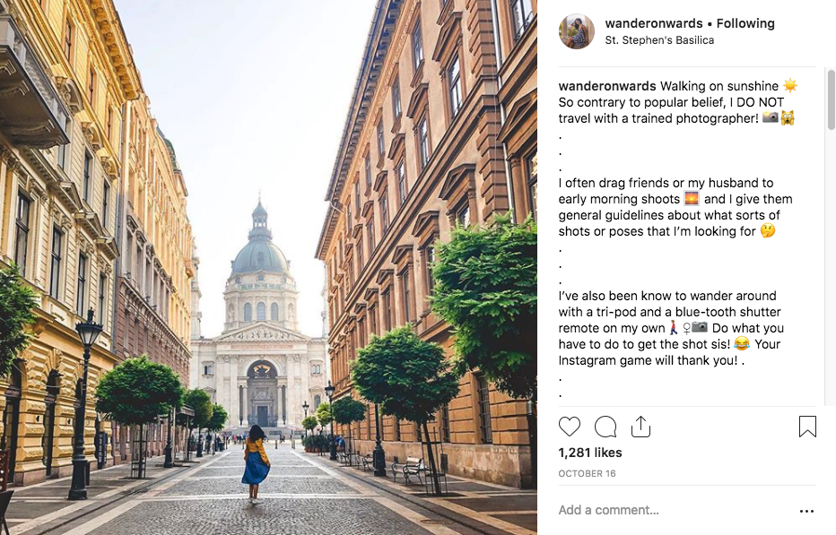 Vanessa of Wander Onwards Instagram post of her looking at St.Stephen's Basilica giving advice on taking travel photos