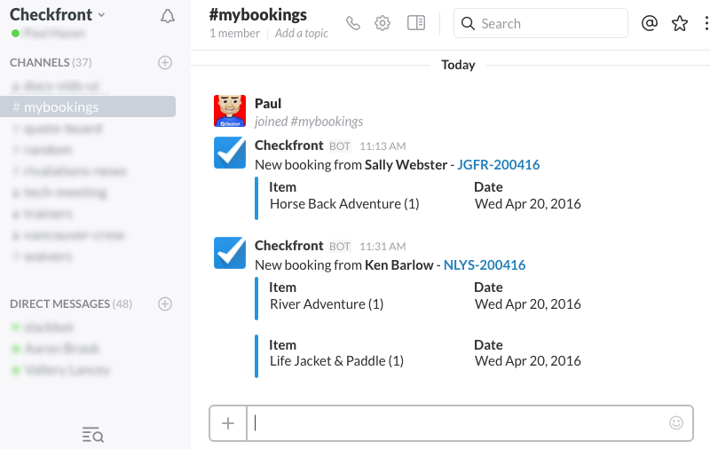 New booking notifications in Slack chat