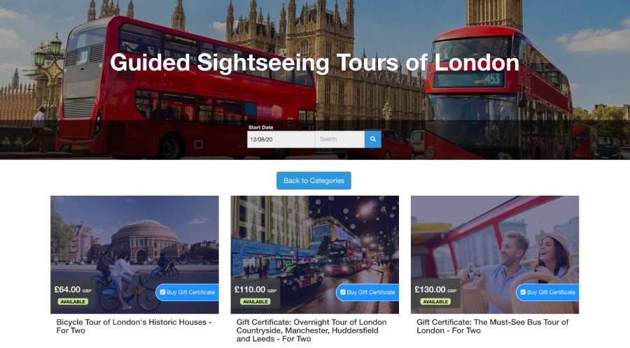 Gift certificate page on the London Experience website