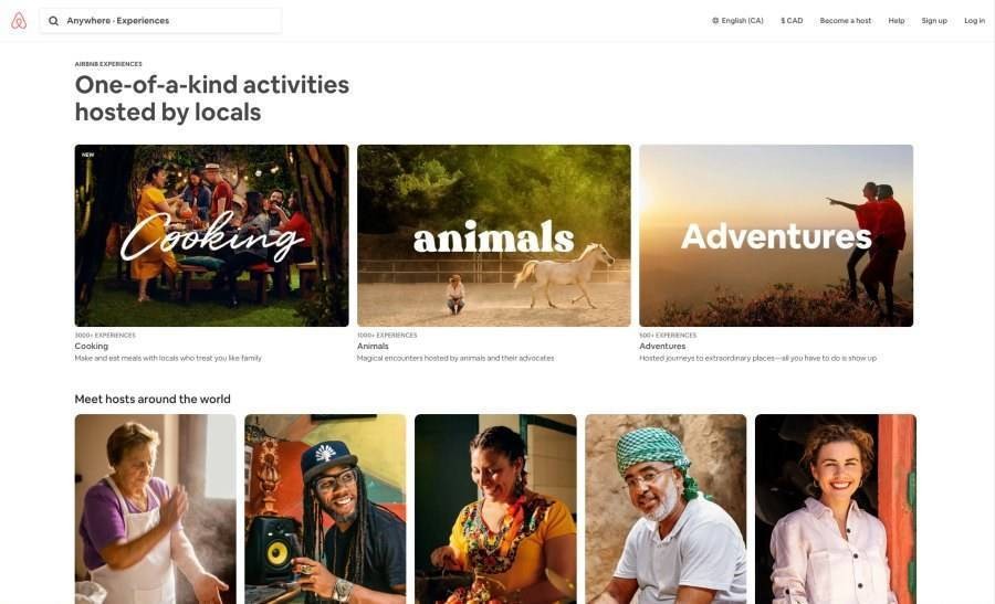 Airbnb Experiences search page