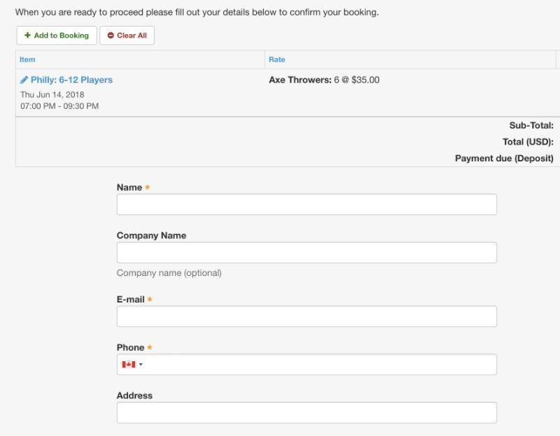 Screenshot of Urban Axes' booking form fields