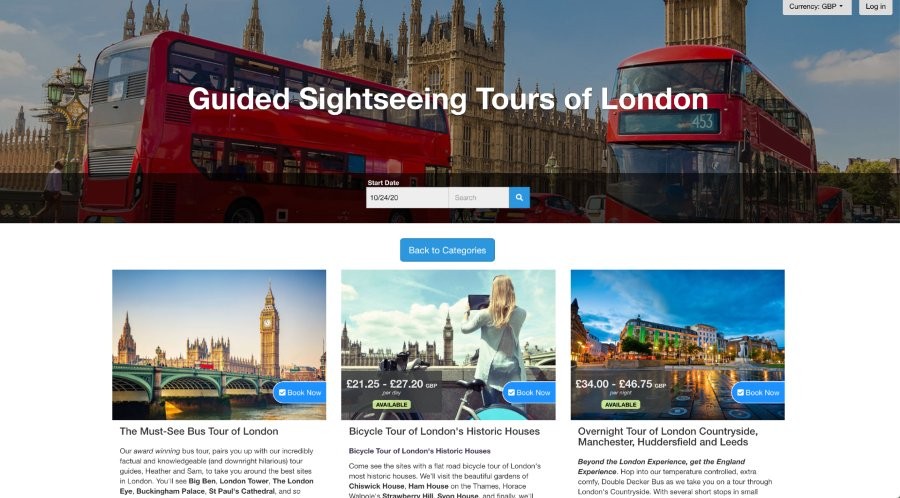 Booking page layout for London tour company