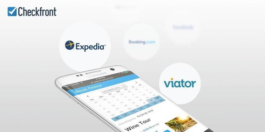 Checkfront booking page on smartphone with Expedia and Viator integrations