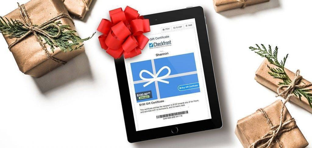 Checkfront gift certificate holiday promo on tablet