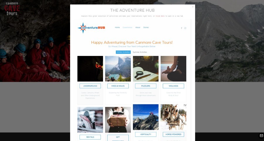 Adventure HUB booking portal on Canmore Cave Tours