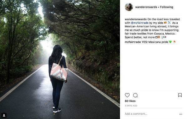 Instagram post of female walking down road with bag