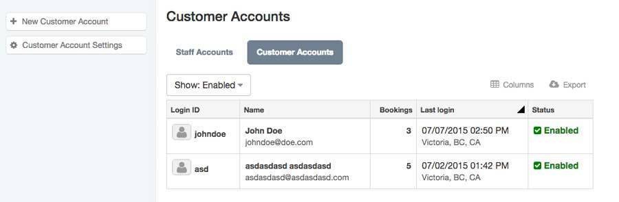 Customer Accounts section in Checkfront dashboard