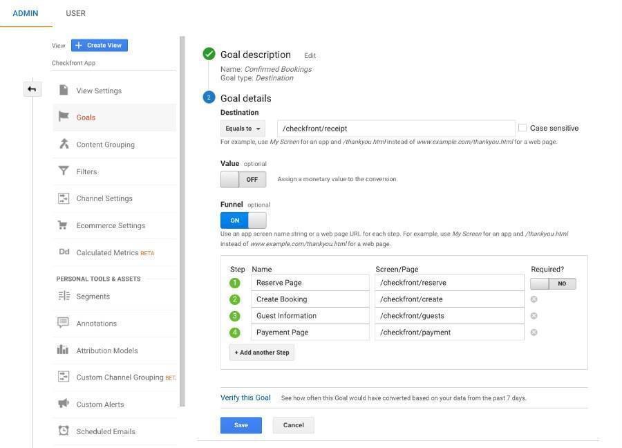 Google Analytics goal setup for booking funnel