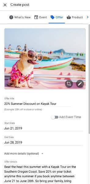 Steps for a Google Post summer kayak tour discount.