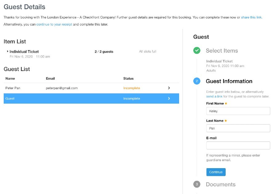 Screenshot of Checkfront's Guest Details Collection page