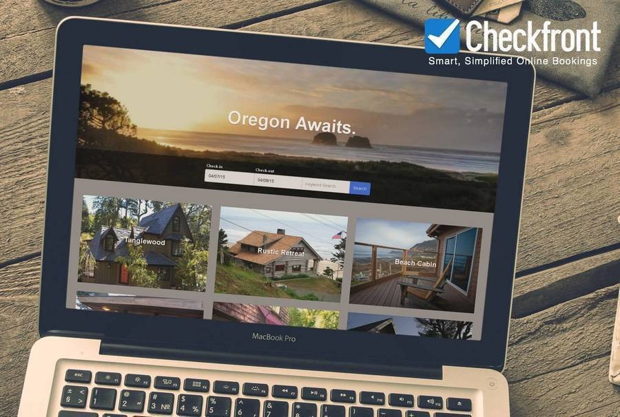 The Checkfront hero Page design on a laptop