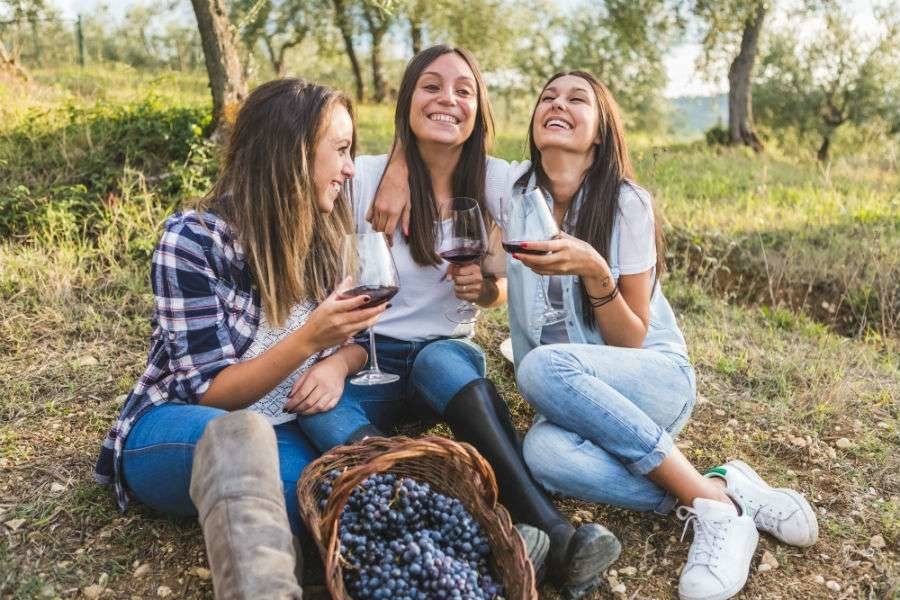 three woman enjoying picnic and wine