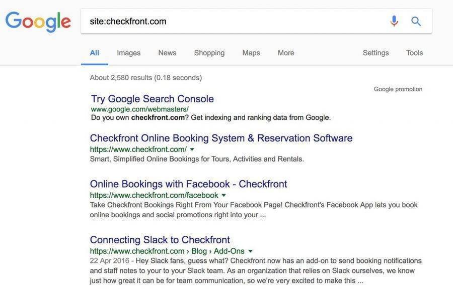 Google search for site:checkfront.com to check number of indexed pages