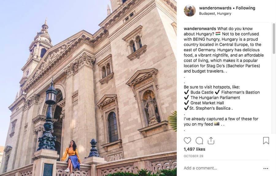 Wander Onwards, Instagram Influencer post giving tips on what to do in Hungary with Vanessa posing in front of Hungarian Parliament Building