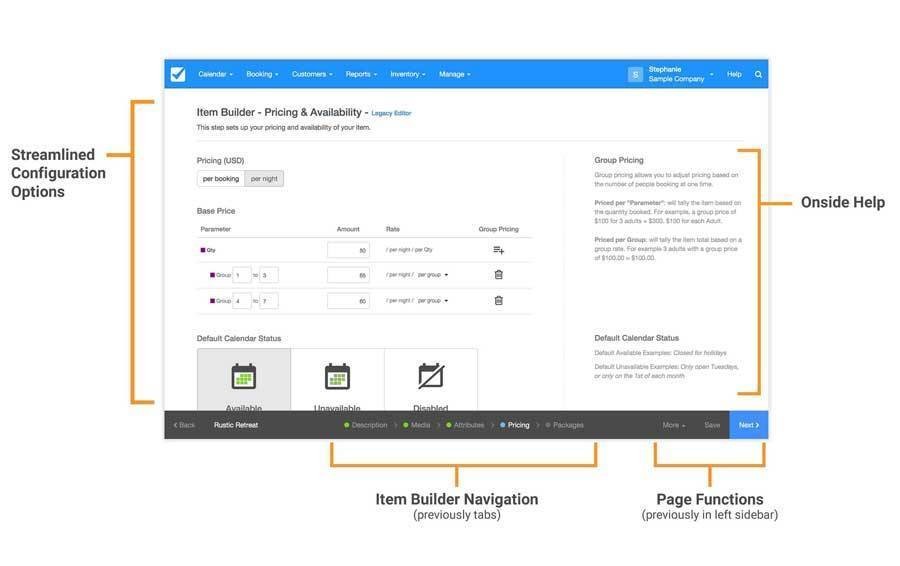 Checkfront item builder, streamlined configuration options, navigation, page functions, onside help