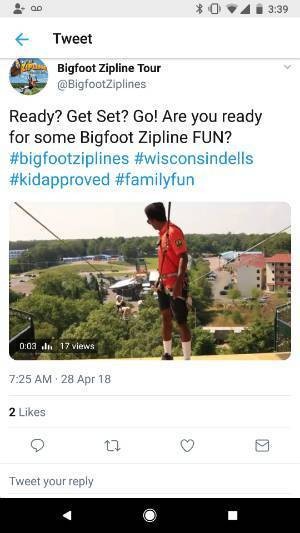 Zipline company tweeting a live video of guest about to zipline