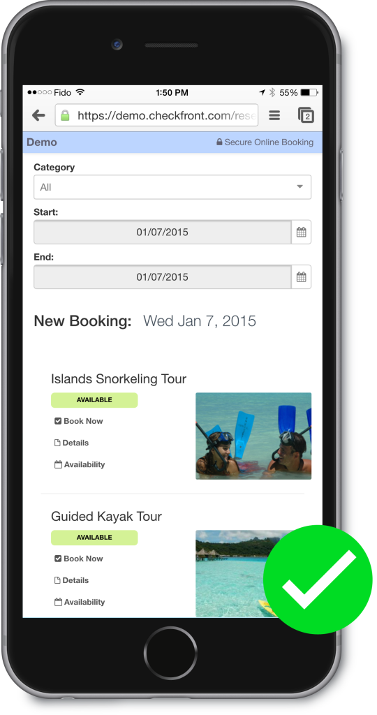 Checkfront booking page on smartphone