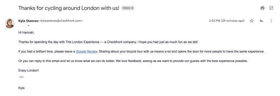 Multichannel marketing example of email drip campaign for London cycling tour