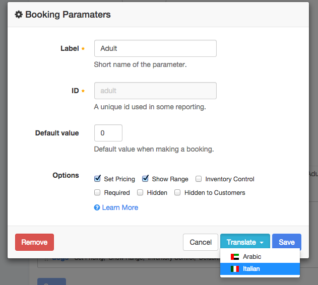 Multi-language booking parameters
