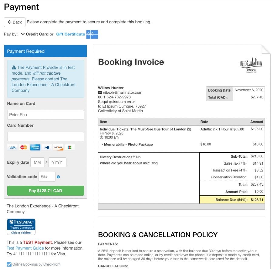 Screenshot of Checkfront's payment page and booking invoice