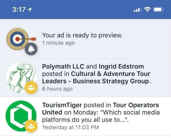 Facebook notification for ad preview.