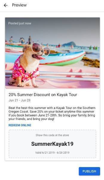 Google Posts preview of Kayak Tour discount post. 