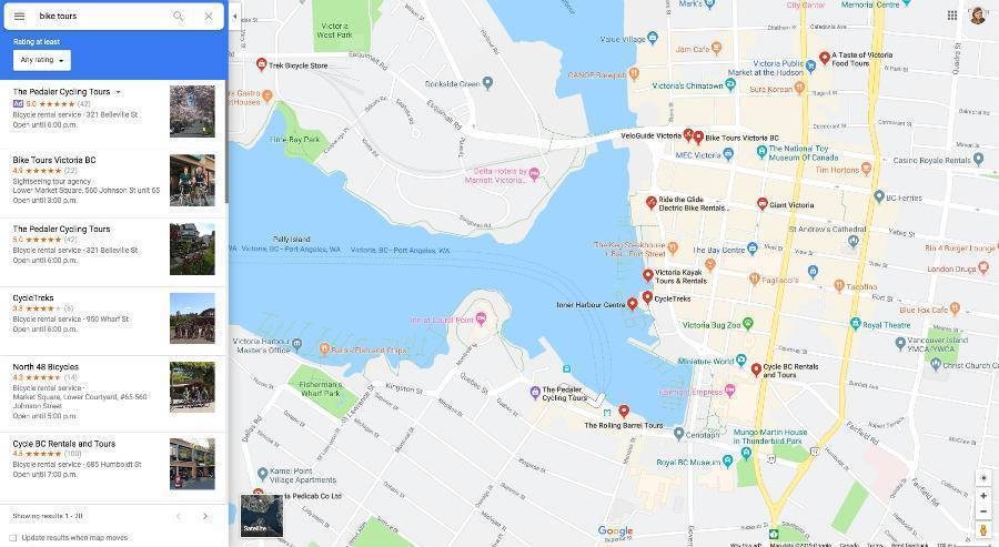 Search results of bike tours in Victoria in Google Maps