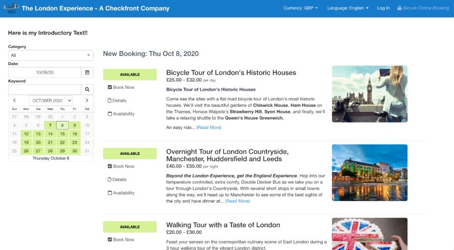 Hosted booking page for Checkfront's online booking system