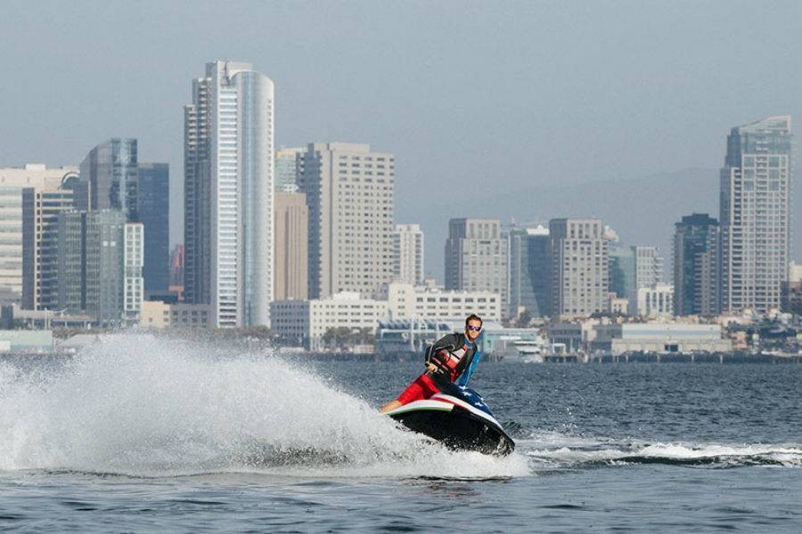 Male on skidoo zipping around in San Diego bay