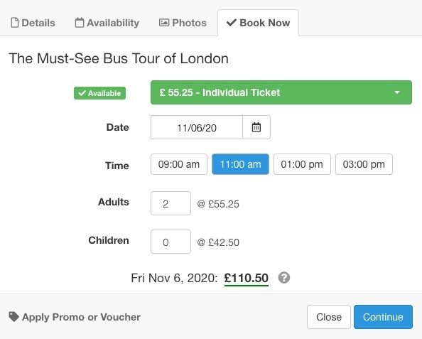 Screenshot of Checkfront's customer facing online booking process for bus tour