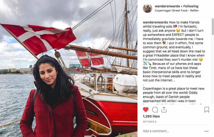 Instagram influencer Vanessa sharing advice on Instagram about making friends in Denmark while posing in front of Denmark ship
