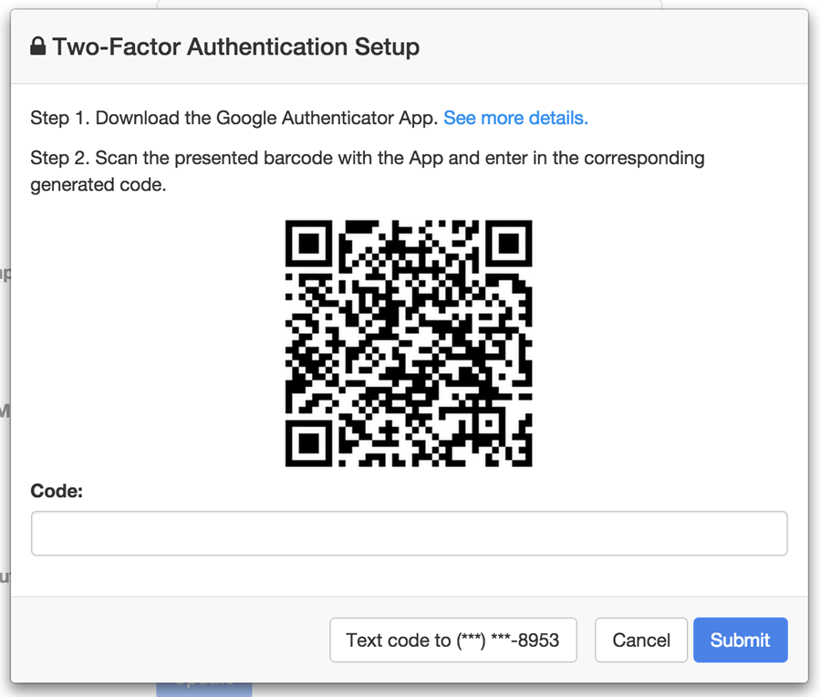 Two factor authentication setup in Checkfront with barcode
