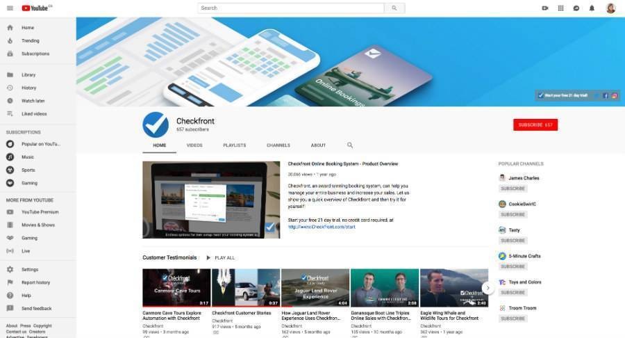 Checkfront Youtube business page for social media marketing.