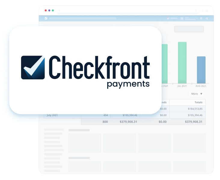 Checkfront Payments logo on top of screenshot of platform.