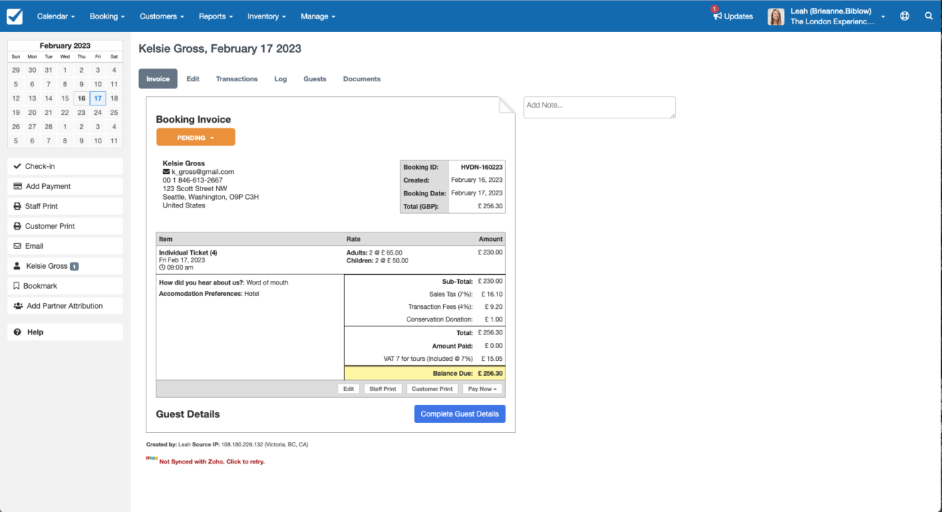 Image of Checkfront booking software. Displaying a customer's booking with attached invoice and invoice status.