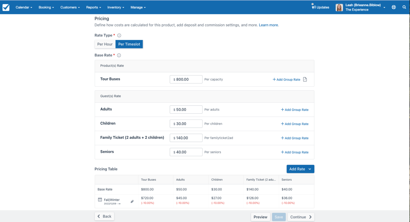 Image of Checkfront booking software. Displaying pricing table where you can set pricing for guest types or base rate. Also showing options to set seasonal pricing.