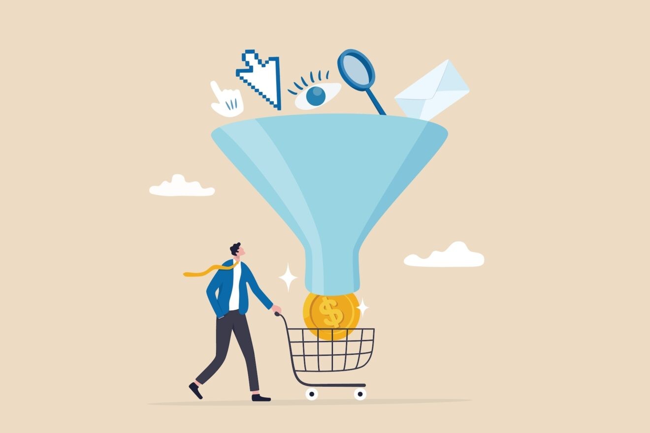 Photo of a online sales conversion funnel, customer flow from awareness, click and purchase product on e-commerce website, businessman holding shopping cart with money coin from sales funnel.
