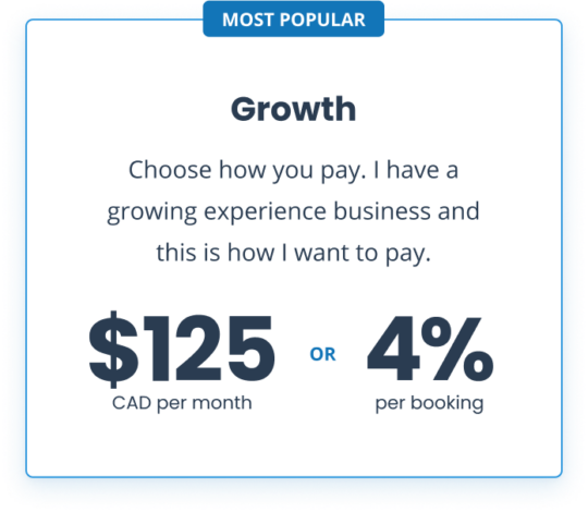 A card showing Checkfront's new choose how you pay Growth Plan for our online booking software.