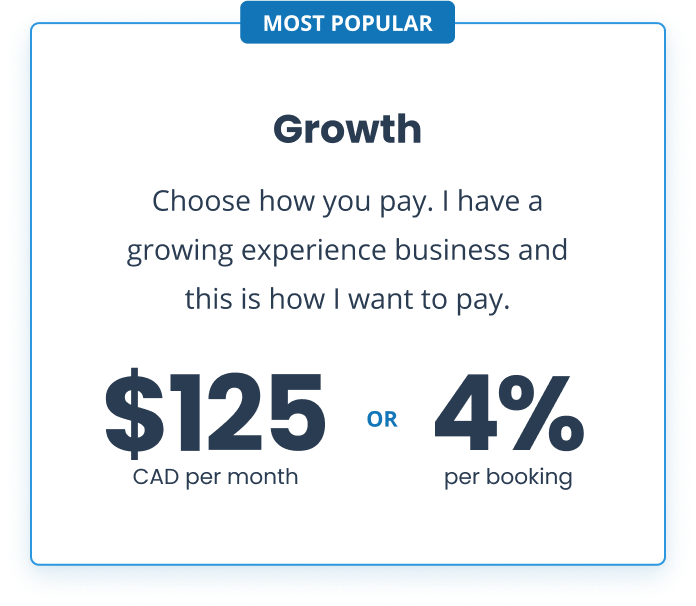 A card showing Checkfront's new choose how you pay Growth Plan for our online booking software.