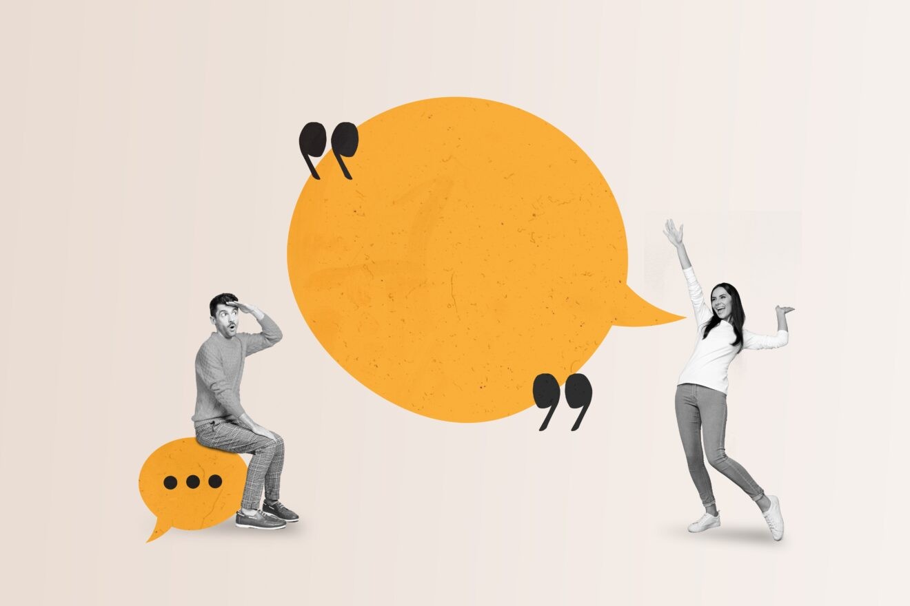 Image of a man sitting on a text message bubble looking at a joyful woman with her hands raised. In the middle of the image is a mustard yellow speech bubble with quotation marks around it to signify customers giving online reviews